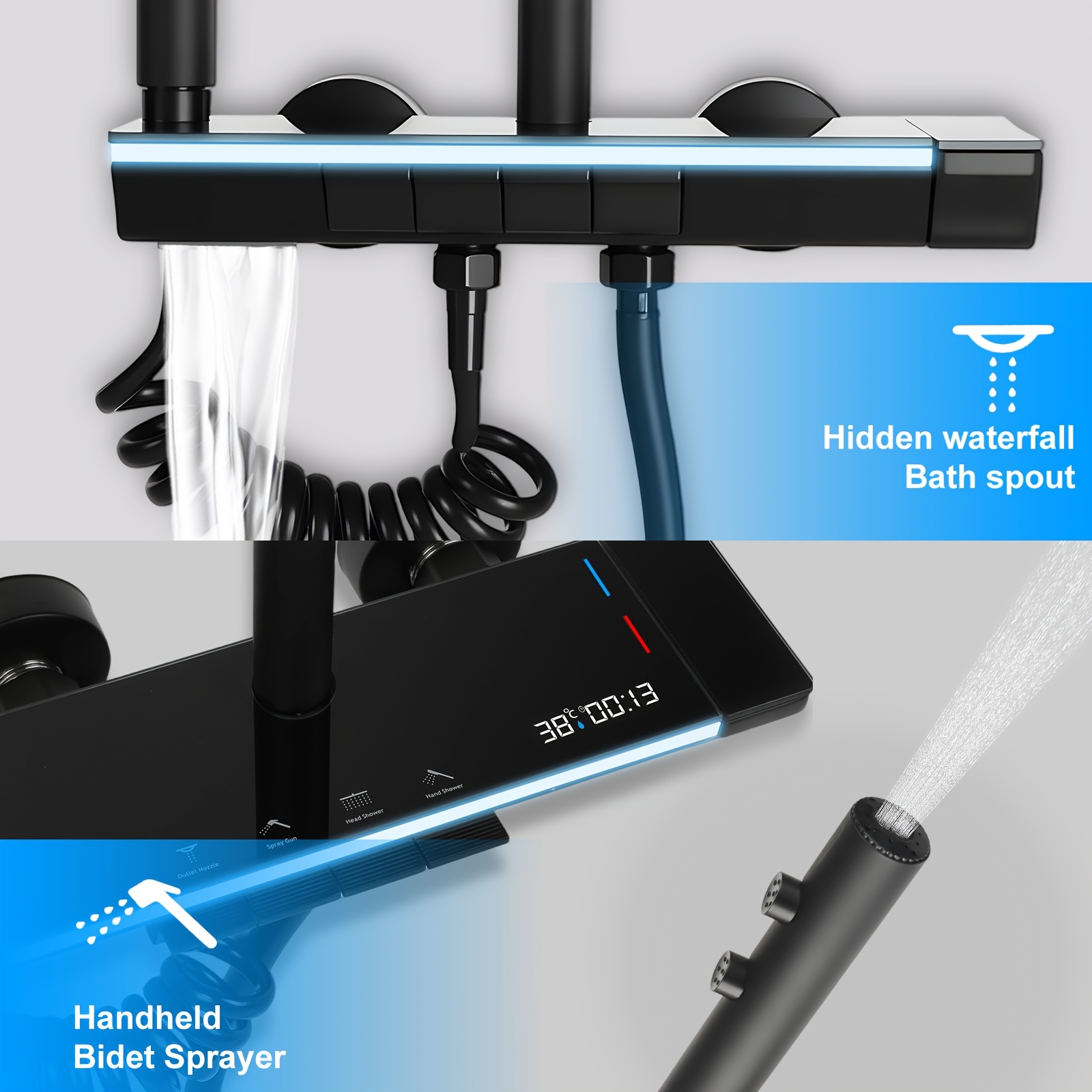 TEMU High Pressure Shower System Black, Bathroom Shower Set With Rain Shower Head, Handheld Shower And Cleaning Spray Gun, Adjustable Height Shower