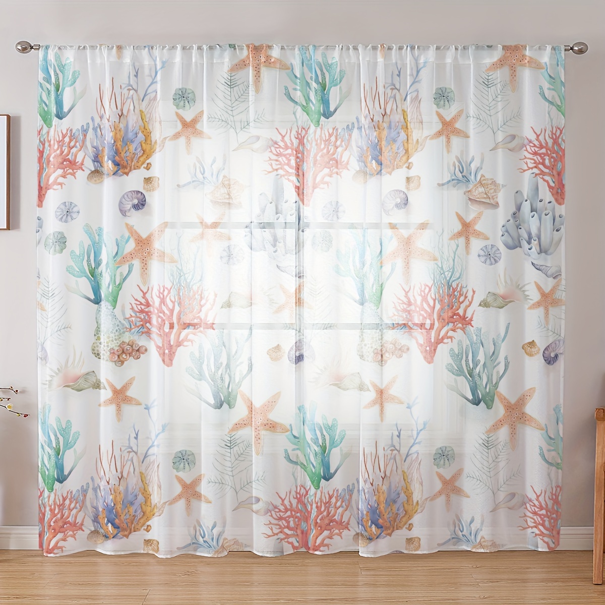 

Sea Star Coral Series Digital Print Semi-transparent Sheer Curtains, 100% Polyester, Rod Pocket Design, Classic Style, 2 Panels