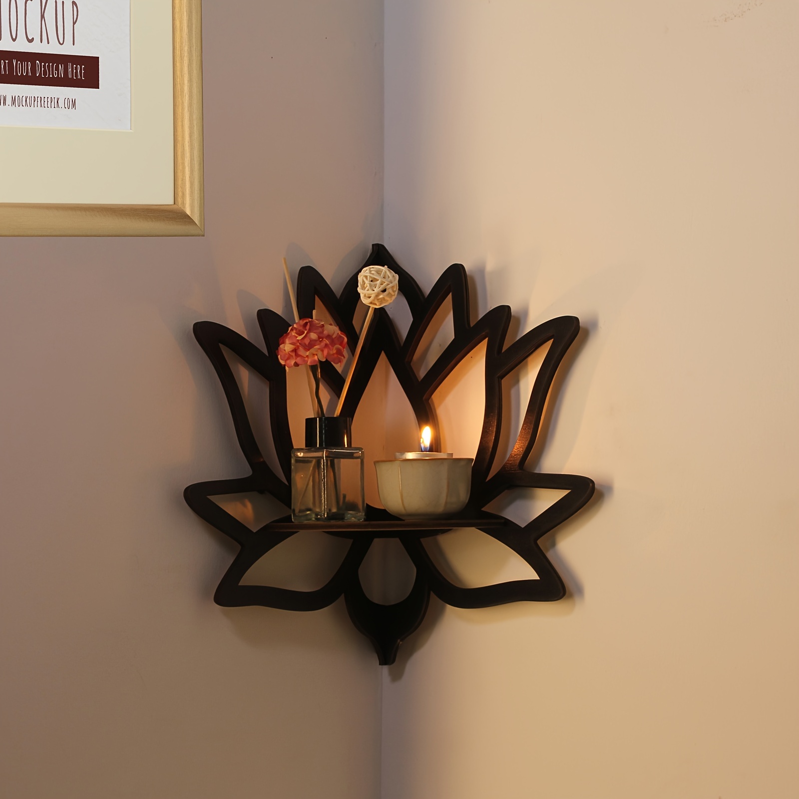 1pc Exquisite Floating Wooden Lotus Shape Display Shelf-Space-Saving Wall Corner Storage for Plants,Flowers,Toys,Scented Candles,and Household Items_voghion.com