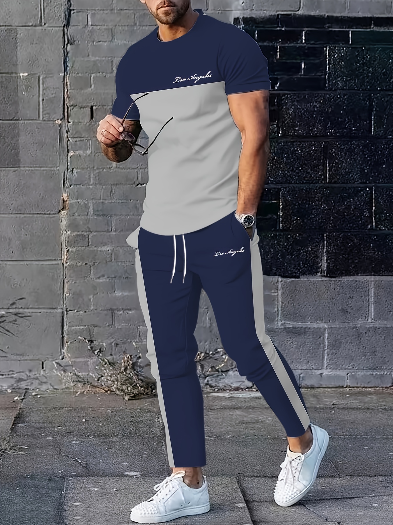 Men S Los Angeles Letter Print Suit, Casual And Fashionable Short-Sleeved T-Shirt And Drawstring Trousers Two-Piece Set for Daily Wear