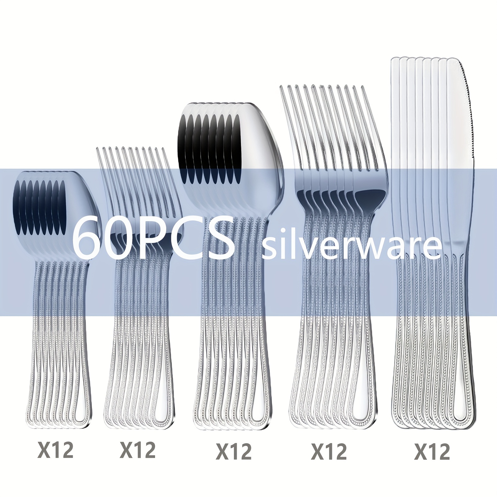 60/73pcs, Stainless Steel Cutlery And A Storage Box, Suitable for 12 People; Mirror-polished Kitchen Utensils, Steak Knives, Spoons, Forks, And Tray, Ideal for Wedding, Camping, Home, Birthday, Suitable for Parties And Christmas Party. - Image 5