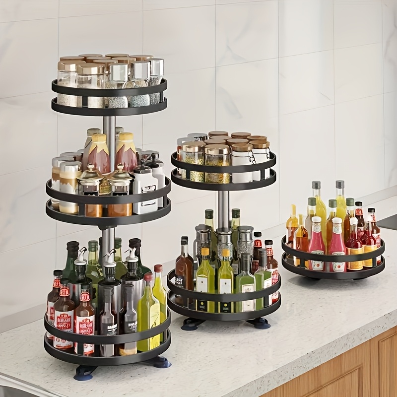 

1pc/2pcs/3pcs Set Modern Metal Rotating Kitchen Rack, Stackable 360-degree Turntable Condiment Storage Organizer For Oil, Salt, Sauce, Vinegar - Adjustable Height, Space-saving Design