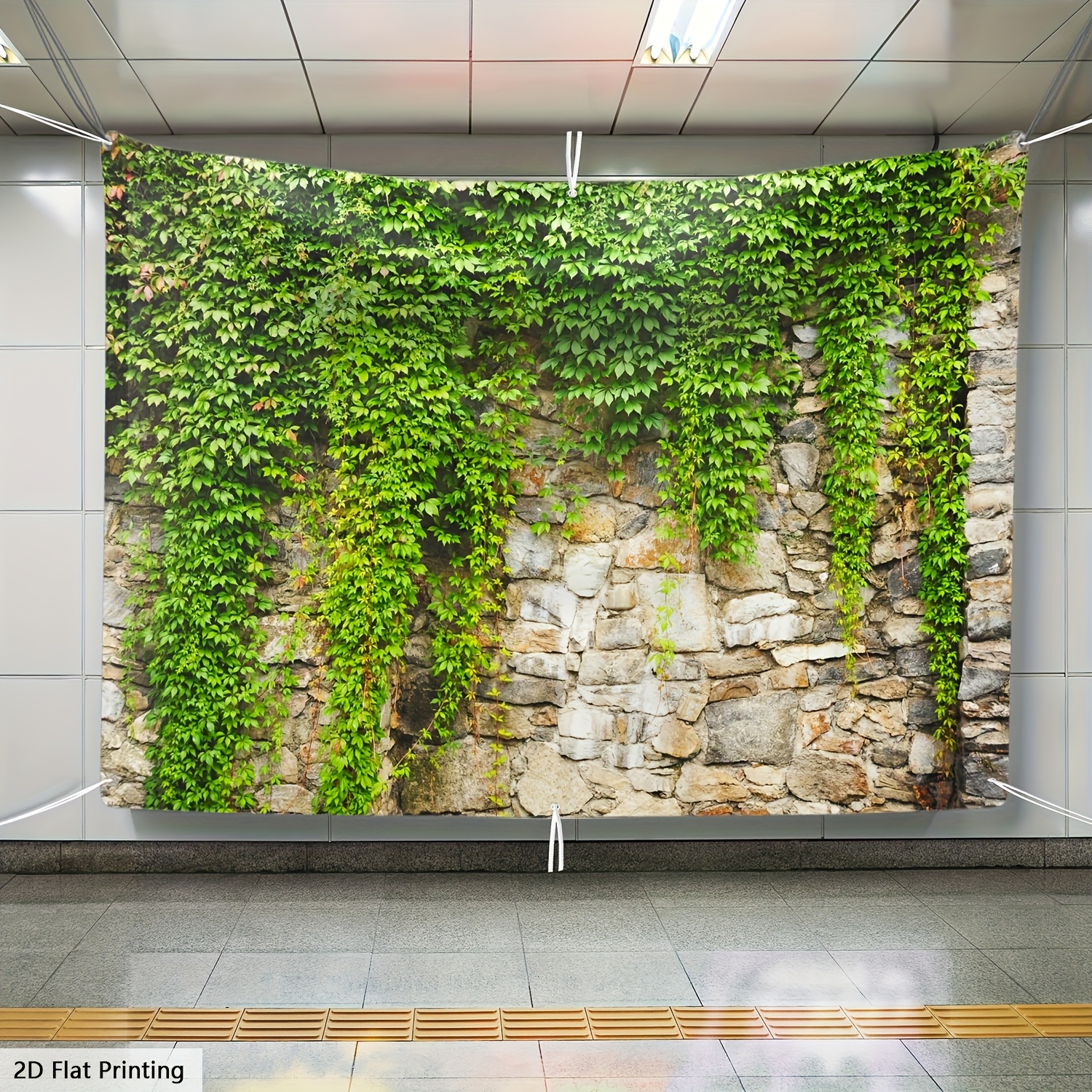 TEMU 2d Flat 1pc Polyester Garage Door Decor - Climbing Ivy Plant Wall Banner, Outdoor Stone Wall Hanging Tapestry, Flower Theme, No Electricity Or