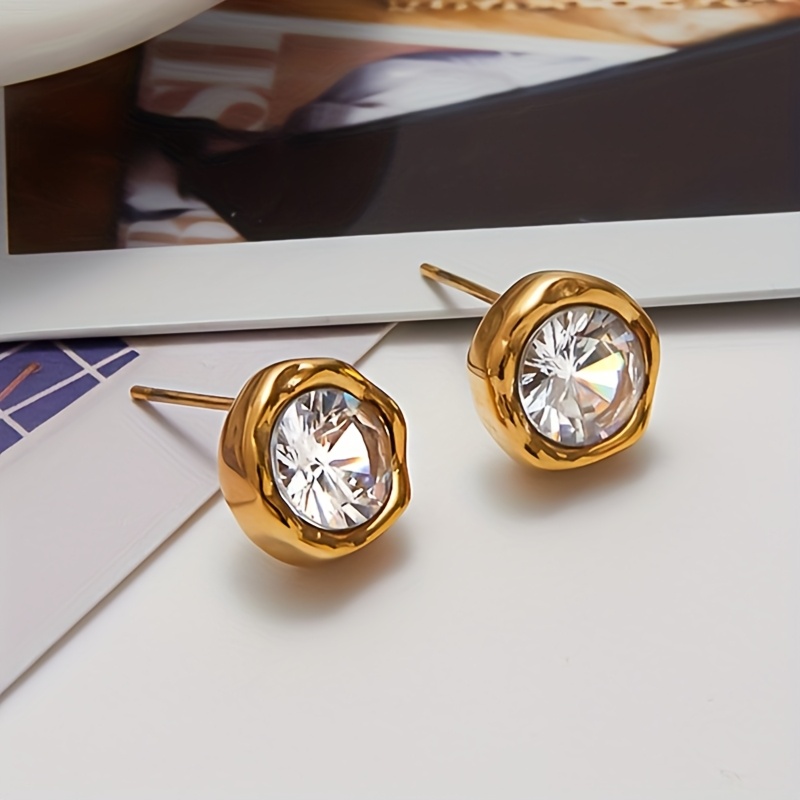 Image of 1 Pair Of Shiny Minimalist Irregular Round Synthetic Synthetic Zirconia Stud Earrings, Elegant And Stylish, Suitable For Women' Casual And Party Occasions
