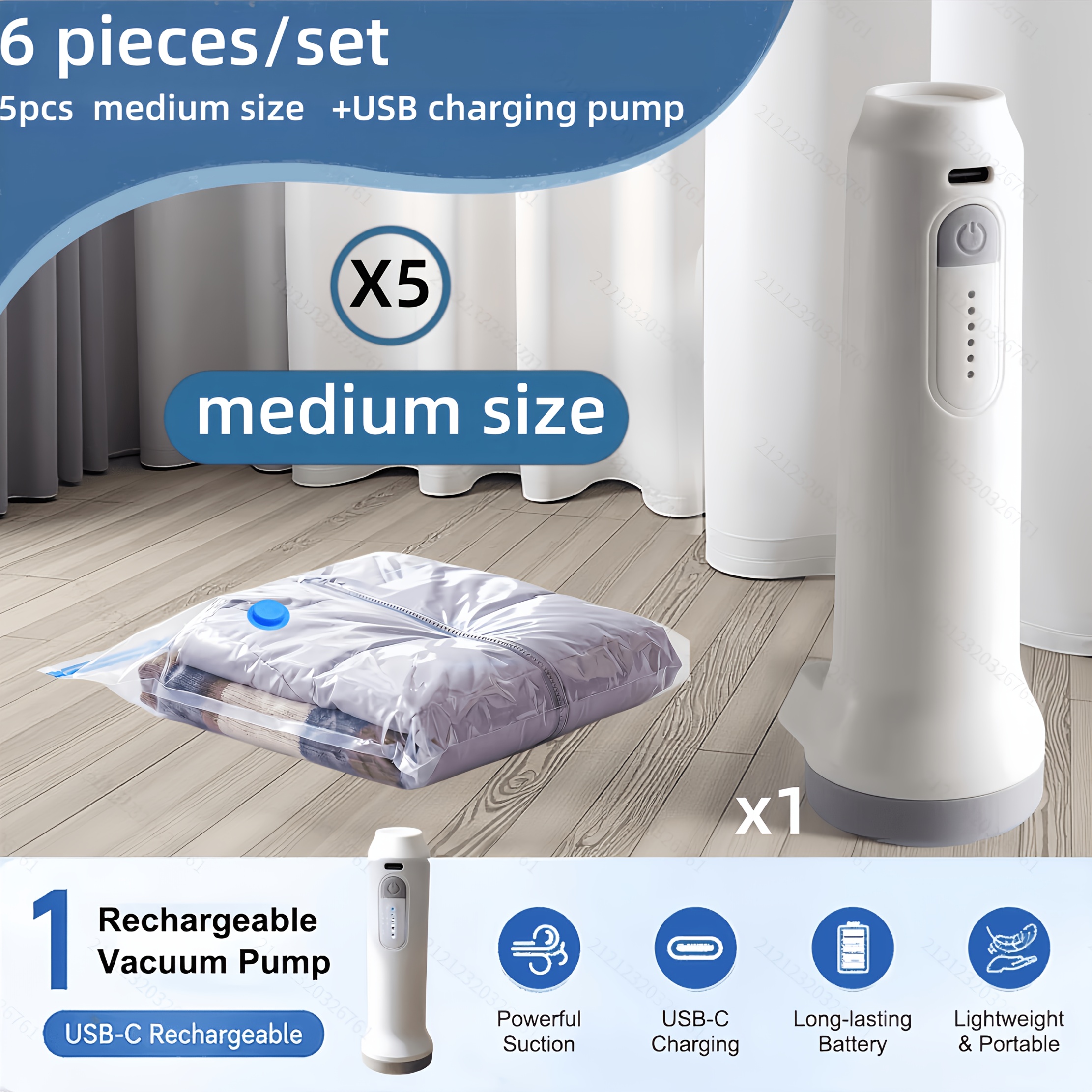TEMU 6pcs Set - Sizes, Vacuum Compression Bags And Usb Electric Air Pump, With Charging Cable, 1500mah Ultra-long , Portable And Convenient For