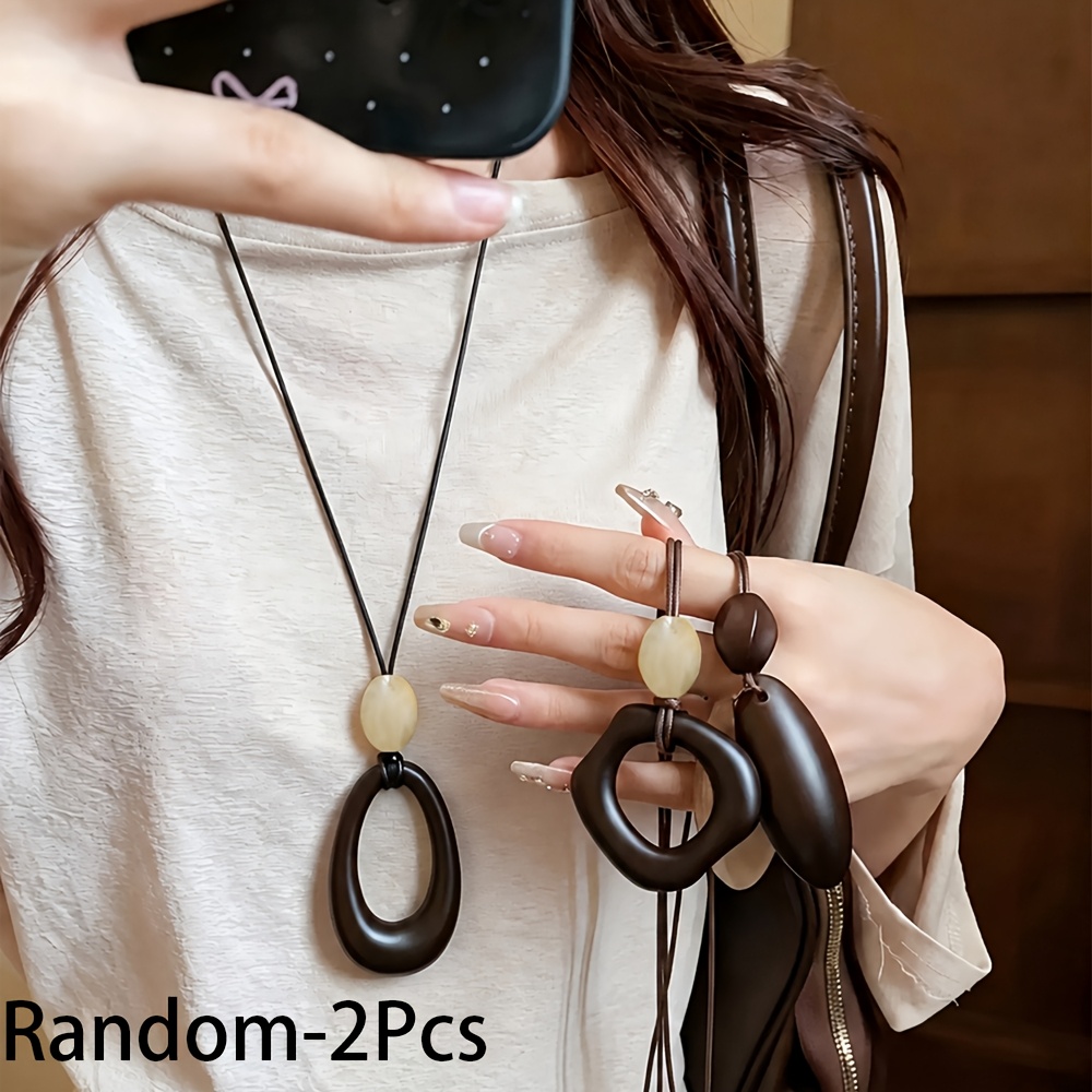 TEMU Random 2pcs Set Bohemian Easy Woven Wax Rope Wooden Ring Long Pendant Necklace, Adjustable Handmade Bead Sweater Chain, Retro Women's Neck