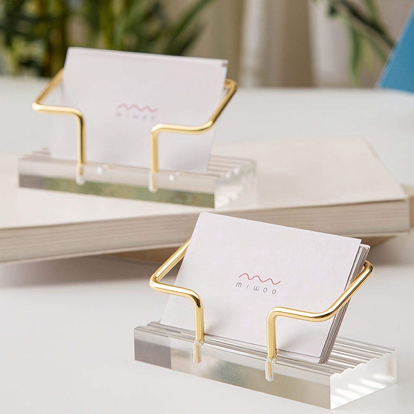 

Elegant Acrylic Business Card Holder With Golden Metal Base - Clear Desktop Display Stand For Invitations And Party Cards, Office Organizer