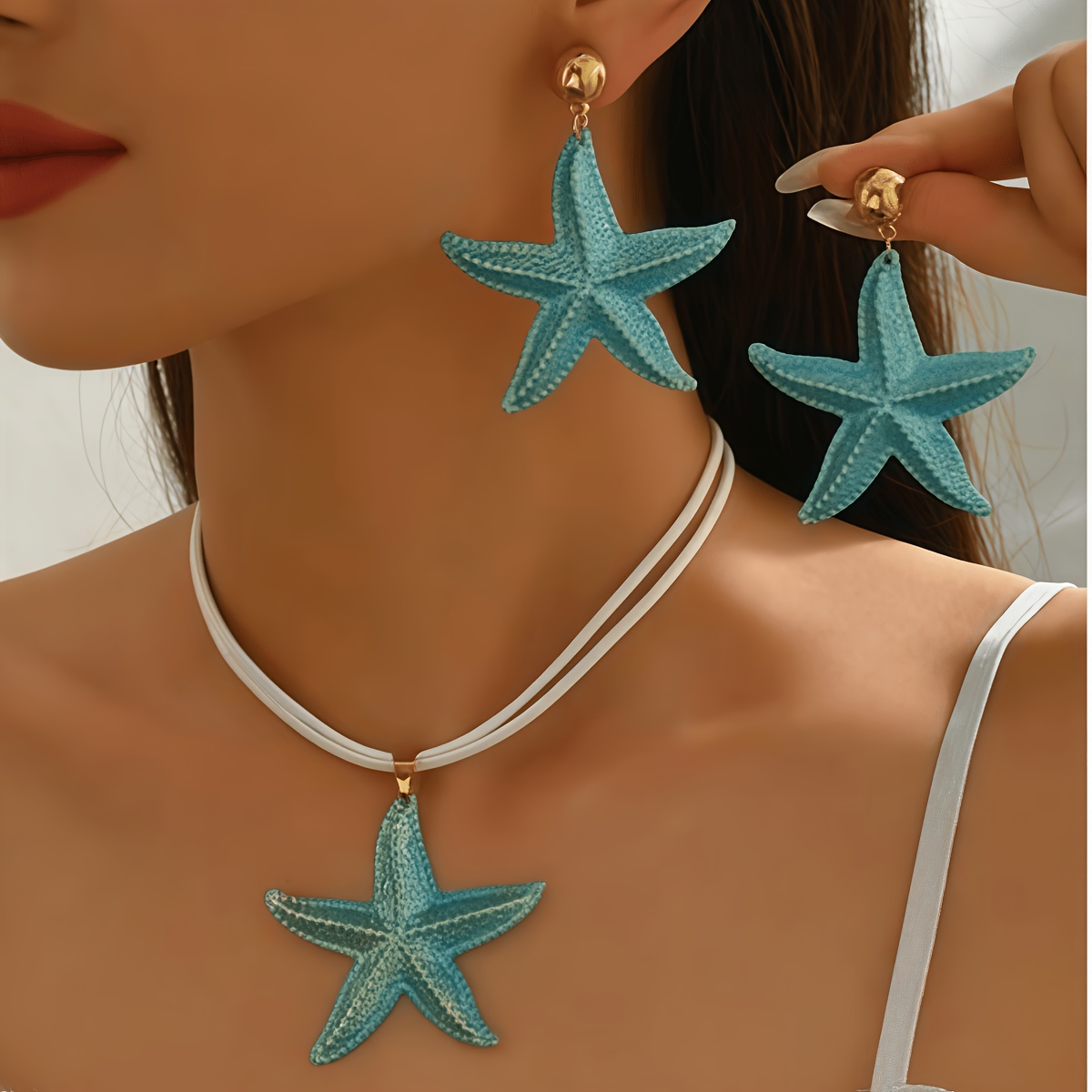 TEMU 1 Set Of 3pcs Bohemian Style Beach Fashionable Colorful Starfish Necklace And Earring Set, Starfish Pendant Necklace And Earring Set, Suitable