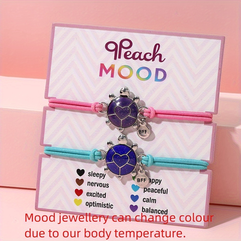 

2pcs Set Cute Bff Bracelets With Temperature-sensitive Color Changing Charms - Silvery Plated, Nylon Cord, Mixed Colors