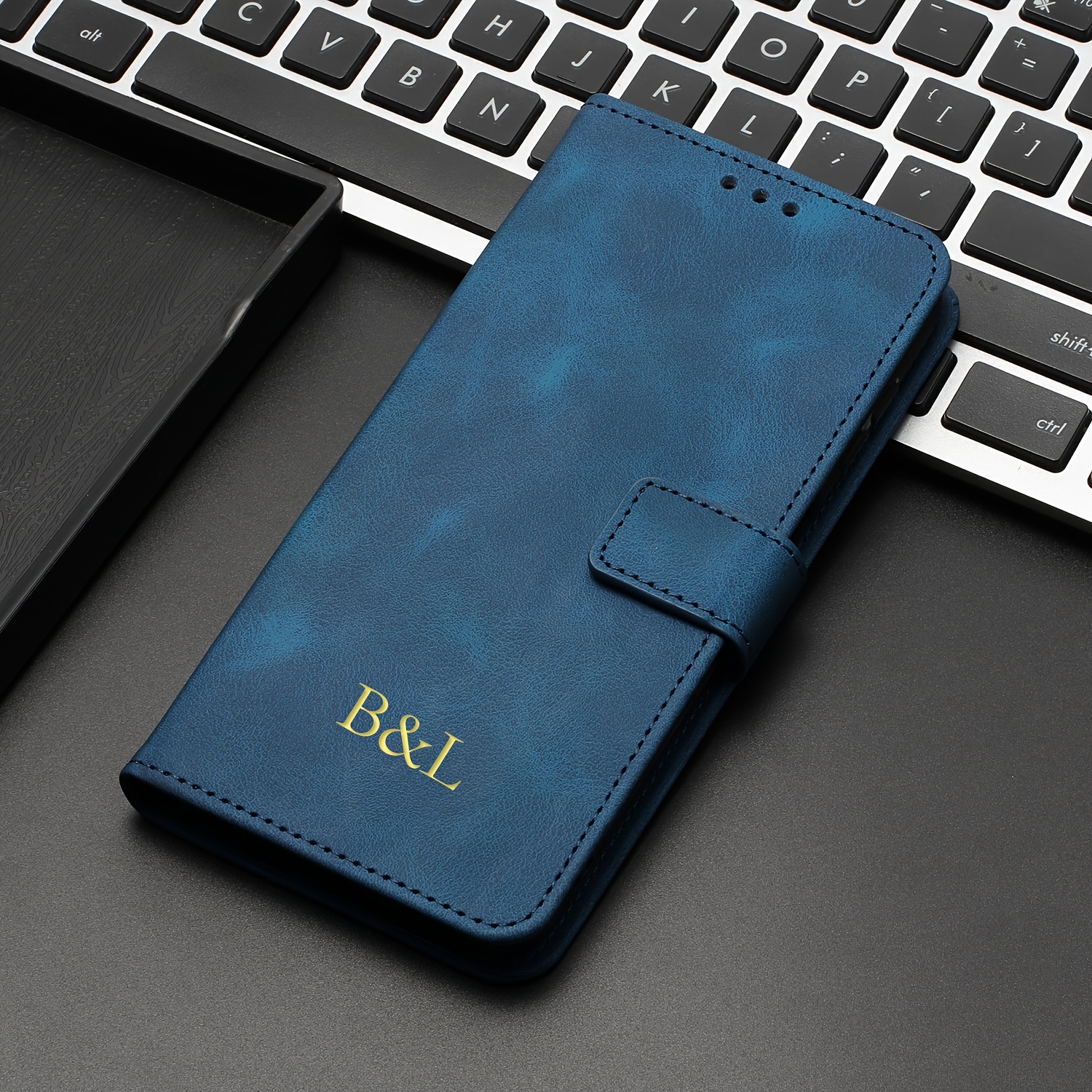 TEMU Phone Case - Personalized Faux Leather Phone Cover For Galaxy Series, Featuring Embossed Name Initials, A Magnetic Wallet Design With Card Slots