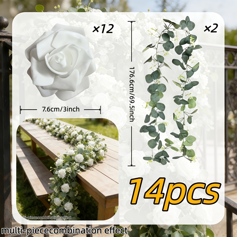 14pcs Rose Eucalyptus Leaves Artificial Flower , Spring Artificial Flower Engagement Hanging Garland, , Decoration, Universal For , Classic, Wedding Theme