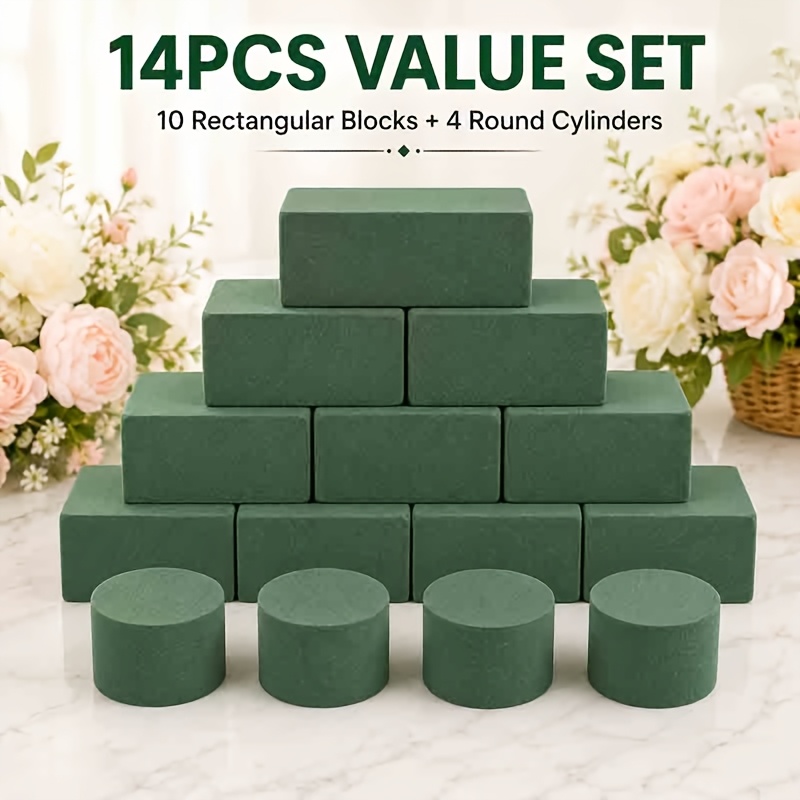 TEMU 14pcs Floral Foam Blocks Set, 10pcs Rectangular Flower Foam Bricks And 4pcs Round Floral Foam, Fresh Flower Arrangement Supplies For Wedding