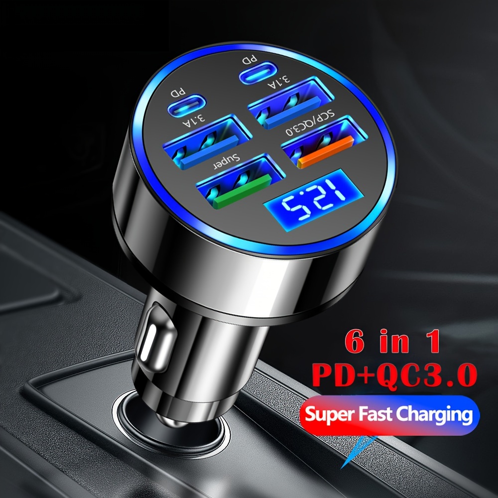 

Car Charger Fast Charging 2 Pd With 4 Usb Digital Display Car Fast Charger 6-in-1 Mobile Phone Charging Head 7a Qc3.0 Car Phone Adapter Car Accessories