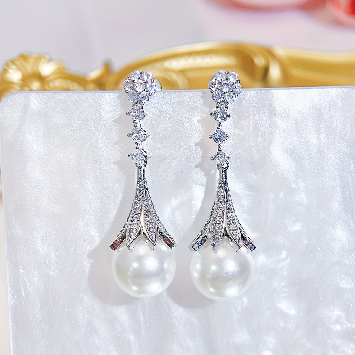 Image of 1pc Wedding Party Brides Jewelry Silvery Round Synthetic Synthetic Zirconia High Quality Drop Earrings