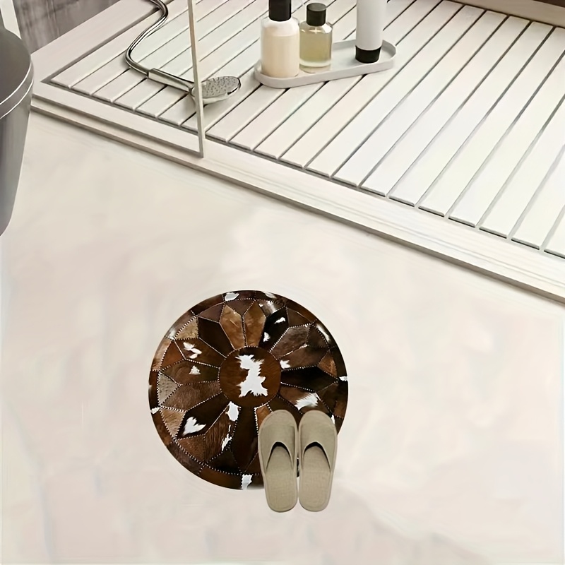 TEMU 1pc Round Brown Printed Cowhide Rug, Lightweight And Machine Washable Carpet, Suitable For Office, Bedroom, Living Room - Office, Room - Holiday