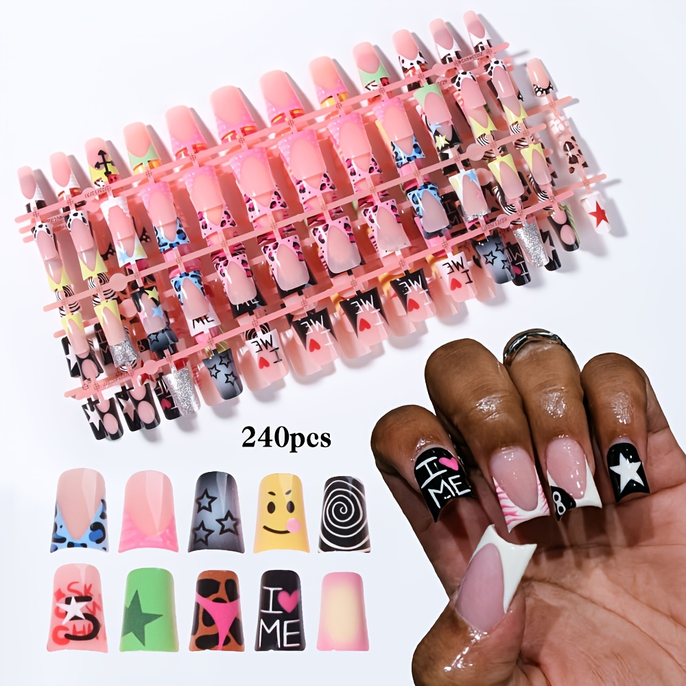 TEMU 240pcs Rectangular Press-on Fake Nails, Featuring A Sheer Nude Pink Base With Of Multicolor Graffiti, Hearts, Stars, And Leopard Print Designs,