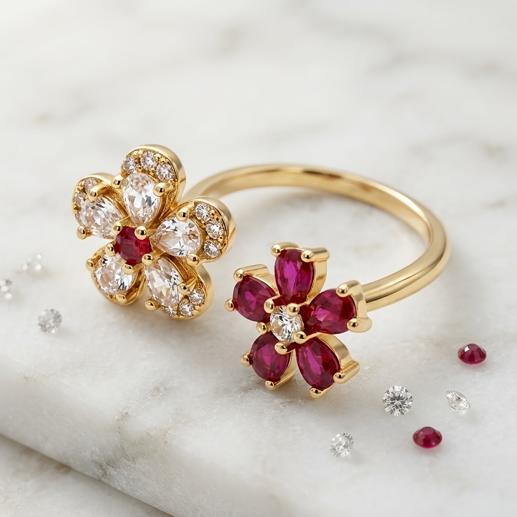 Women's Two-tone Flower CZ Adjustable Open Ring, Elegant Gift