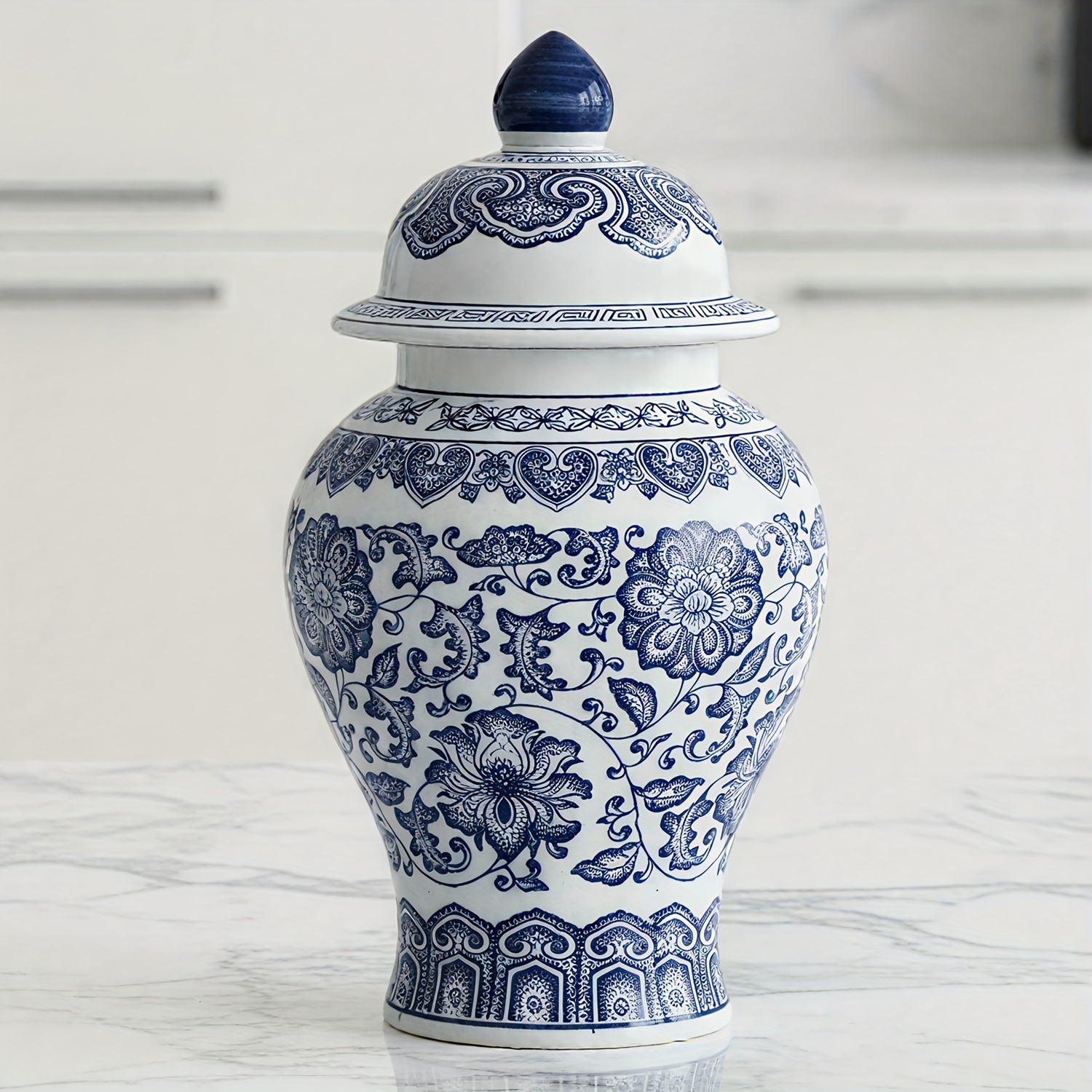 Ingwerglas, 24,13 cm, Mattblau und Weiß Keramik, Unglasiertes Porzellan, Orientale Wohnkultur, Asiatischer Stil, Vintage Chinoiserie, Dekoratives * mit Deckel, für Regaldeko, Tischplatte, Wohnzimmer,