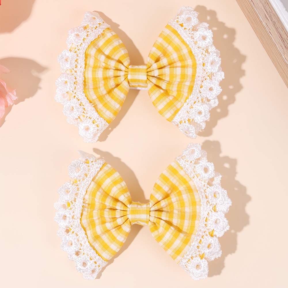 TEMU 2pcs Delicate Gingham Lace Trim Bow Hair Clips For Women Fashion Hair Accessories For Leisure And Holiday Gatherings And Stylish Hair Decor