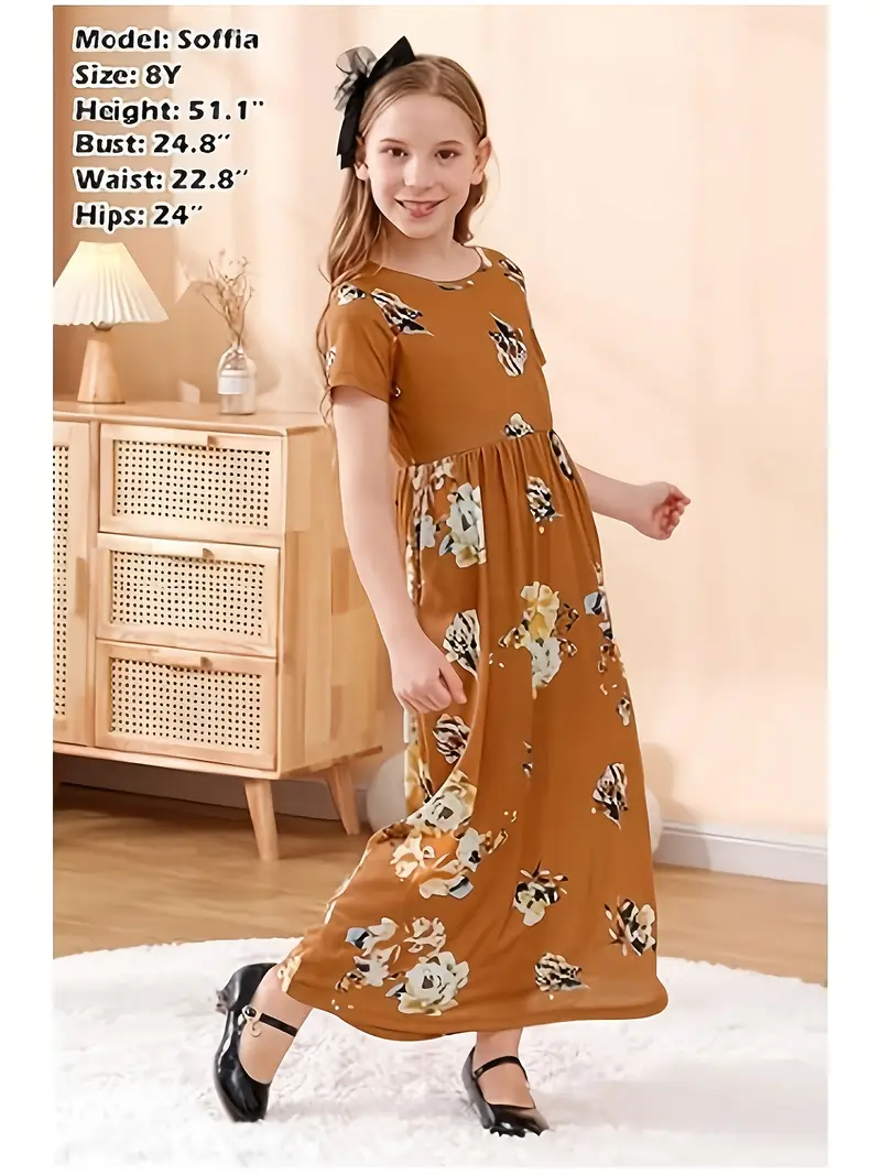 young girl's long brown dress flowers short ruffled sleeves Linen Flower Girl Dress, Rust Tiered Boho Wedding Dress, Handmade Summer Infant Rustic Style