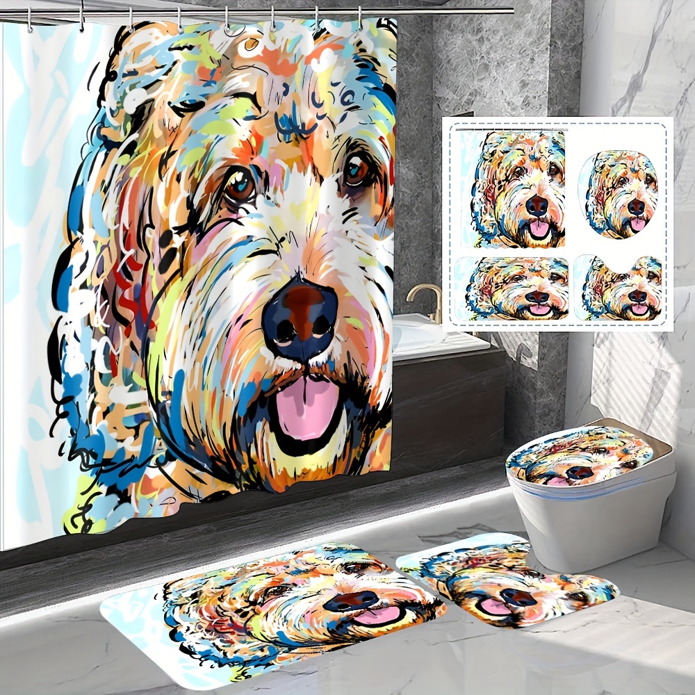 

1/4 Cartoon Pattern Shower Curtain, Polyester Waterproof Curtain With 12 Hooks, Cute Animal Print Decorative Bathroom Set, Bathroom Rug, U-shaped Mat, Toilet Seat Cover, Bathroom Accessories