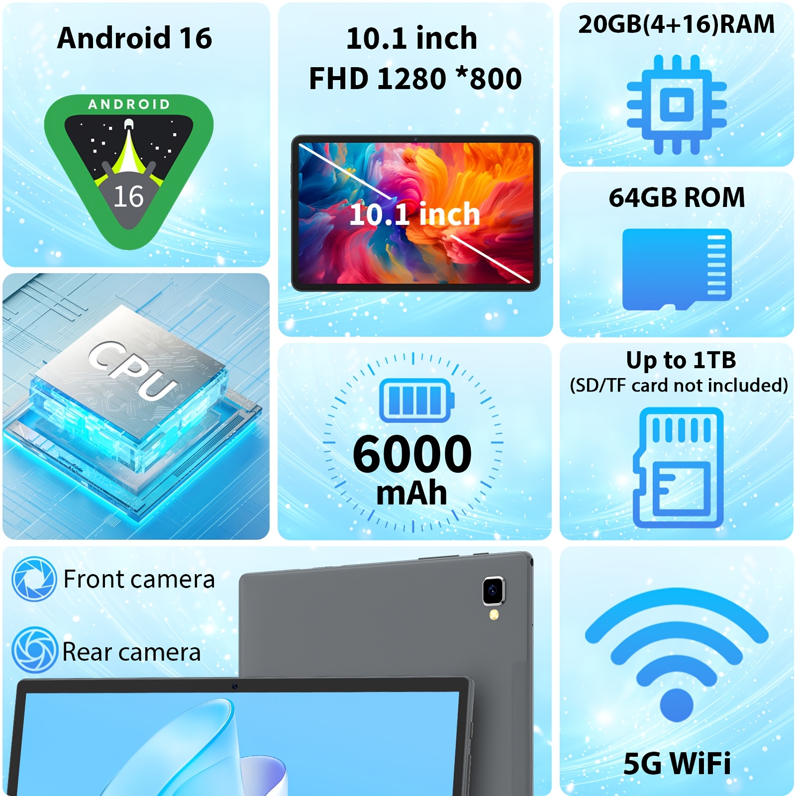 Android 16, Tablet Computer 20GB (4GB+16GB) RAM + 64GB ROM, 10.1 Inches, Android Tablet 2-in-1 Tablet Computer (Optional Accessories: Keyboard, Mouse, Case, Stylus), Dual Cameras, WiFi, Wireless, Suitable for Work Use, Can Be Used as a Gift.