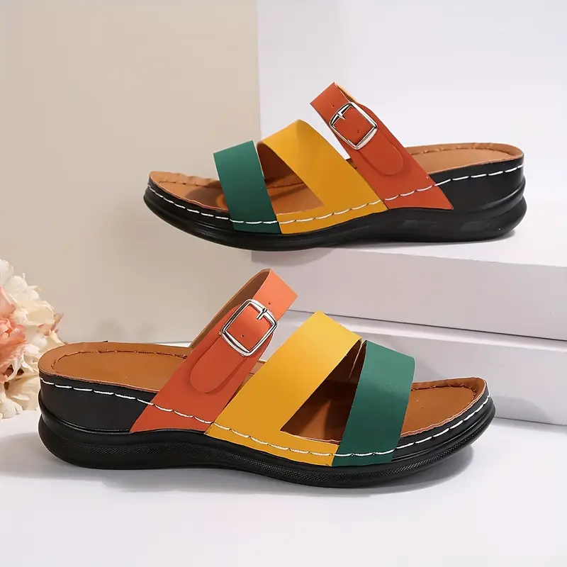 womens colorblock slide sandals stylish summer with thick sole slip and adjustable strap in orange green yellow and black strappy sandals details 4
