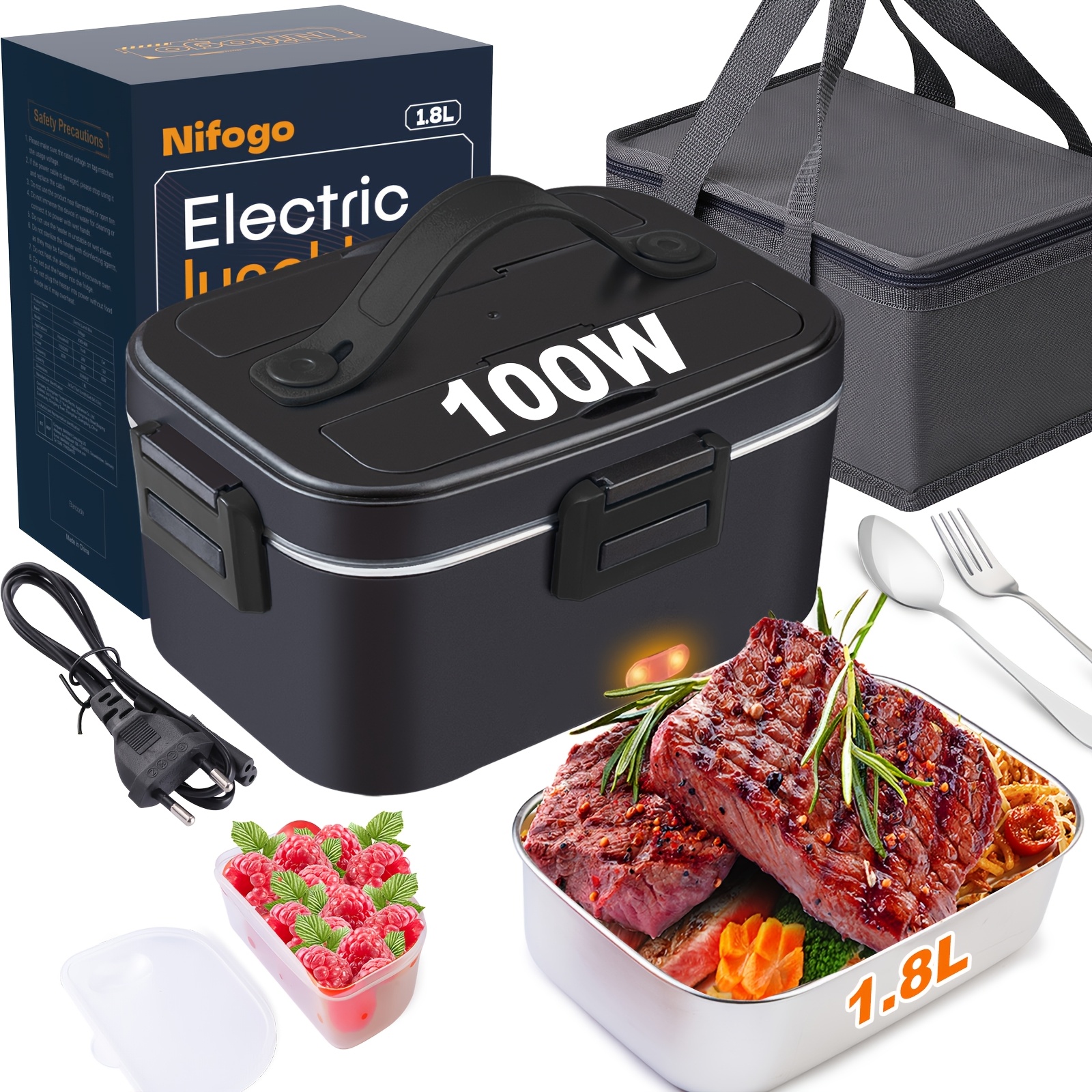 TEMU Black Heating Lunch Box, 100w, Made Of Stainless Steel, Suitable For Office Workers, With Insulation Bag And Cutlery Set, 1.8l Capacity, Used In