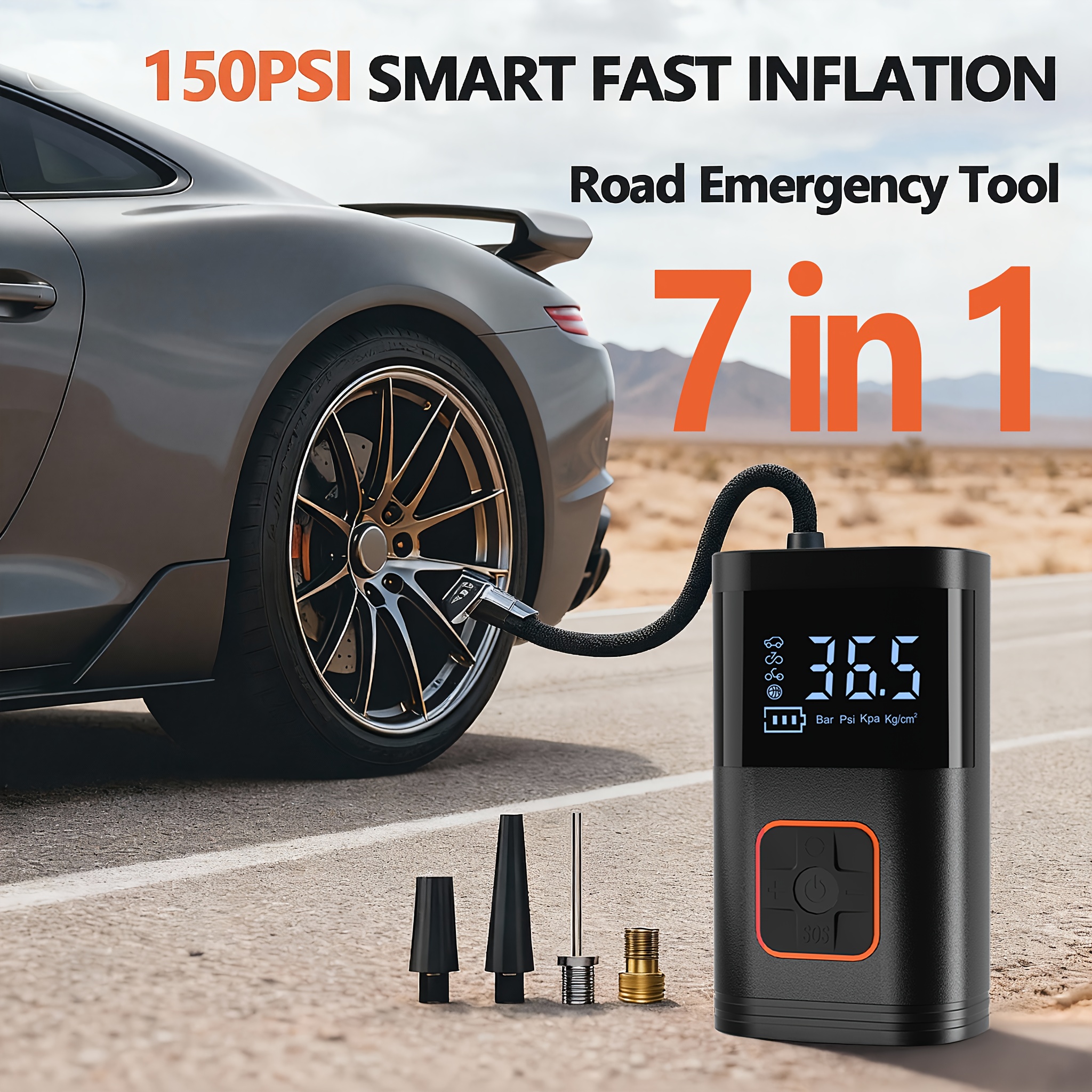 photo de l'article gonfleur de pneus de voiture portable multifonctionnel & compresseur   150psi avec lumière led | écran lcd | double alimentation | pour voitures, suv, camions, motos, bateaux, pneus de camping-car |   fil | durable | kit durgence, assistance routière
