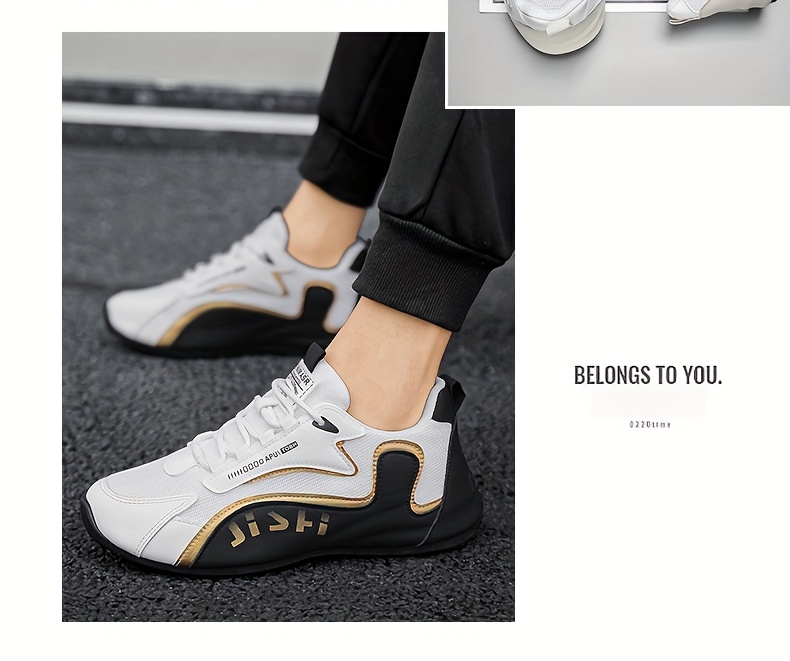 Tenis elegantes para hombre en blanco y dorado - Zapatos transpirables y cómodos para caminar con absorción de impactos, suela de PVC duradera y cierre de agujetas, ideales para uso casual, correr y actividades al aire libre, calzado casual | Tenis con agujetas elegantes | Zapatos cómodos para caminar