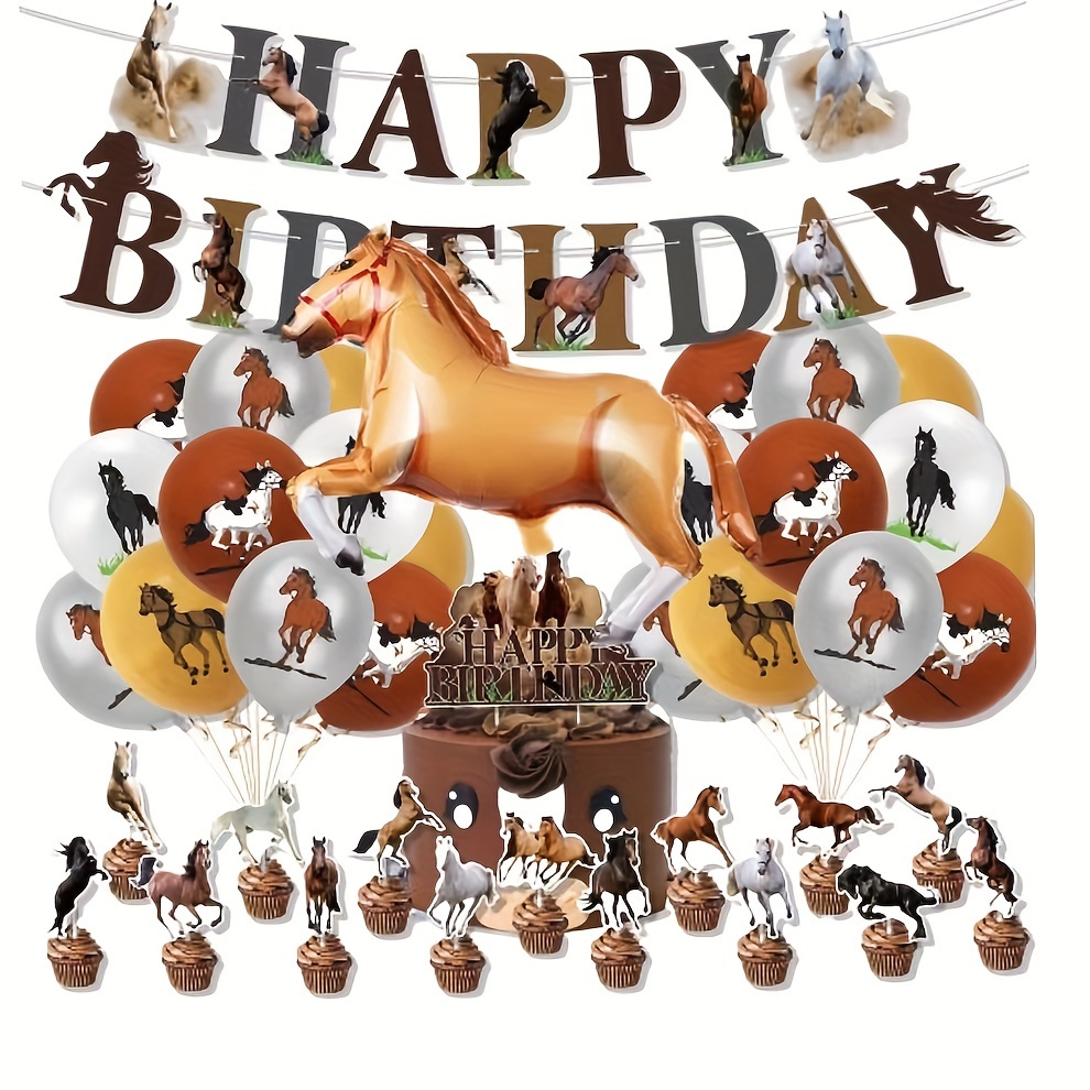 

Décorations de fête sur le thème équestre : ballons en forme de silhouette de cheval, décorations de gâteaux et bannière - Parfait pour une fête d’anniversaire sur le thème des chevaux