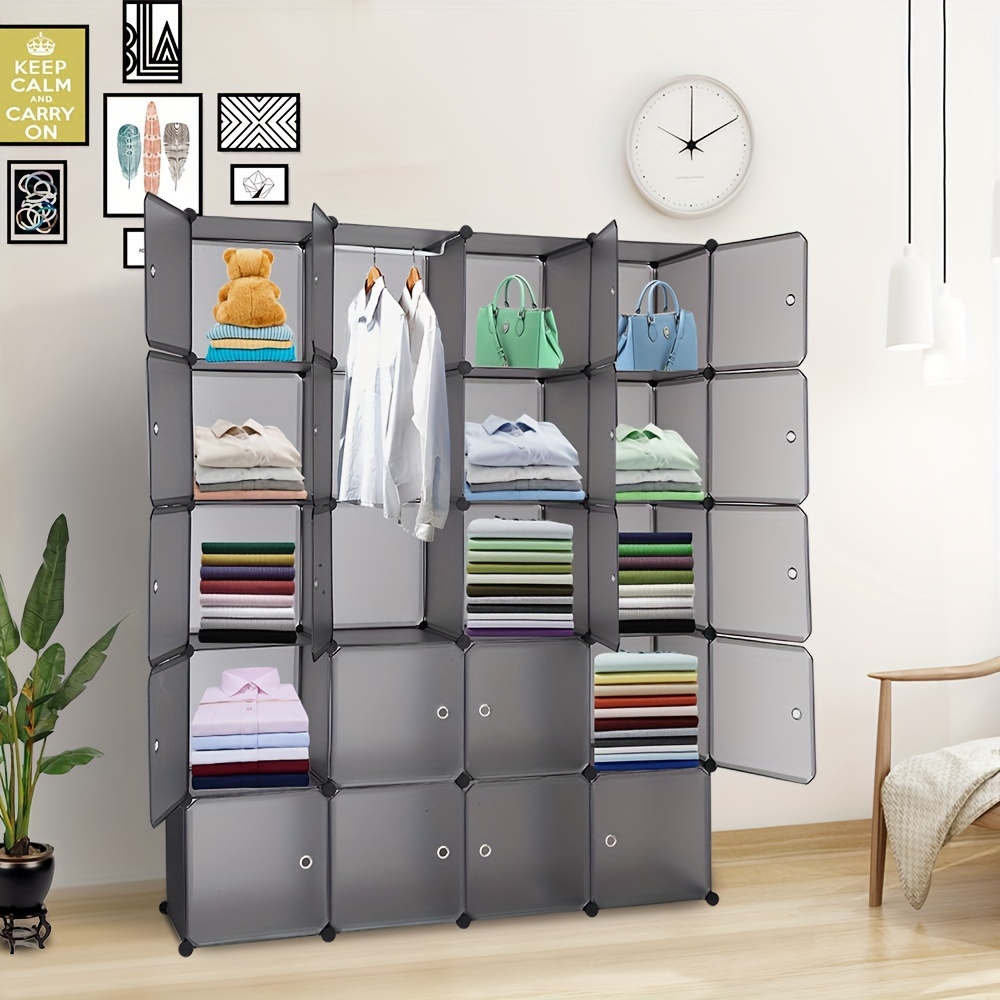 

Organizer Stackable Plastic Cube Storage Shelves Design Multifunctional Modular Closet Cabinet With Hanging Rod Gray