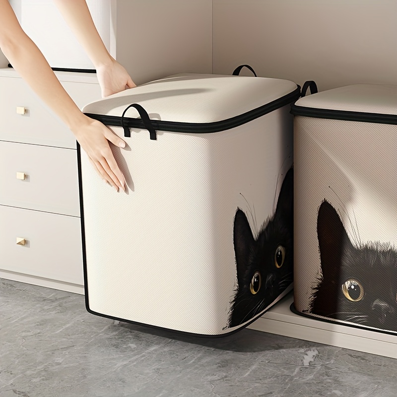 1pc Clothing Lid Storage Box, Black Cat Print Storage Bag, Large Capacity Folding Storage Bag For Blankets, Quilts And Clothes - Durable Non-woven Material, Strong Zipper, Perfect For Gifts
