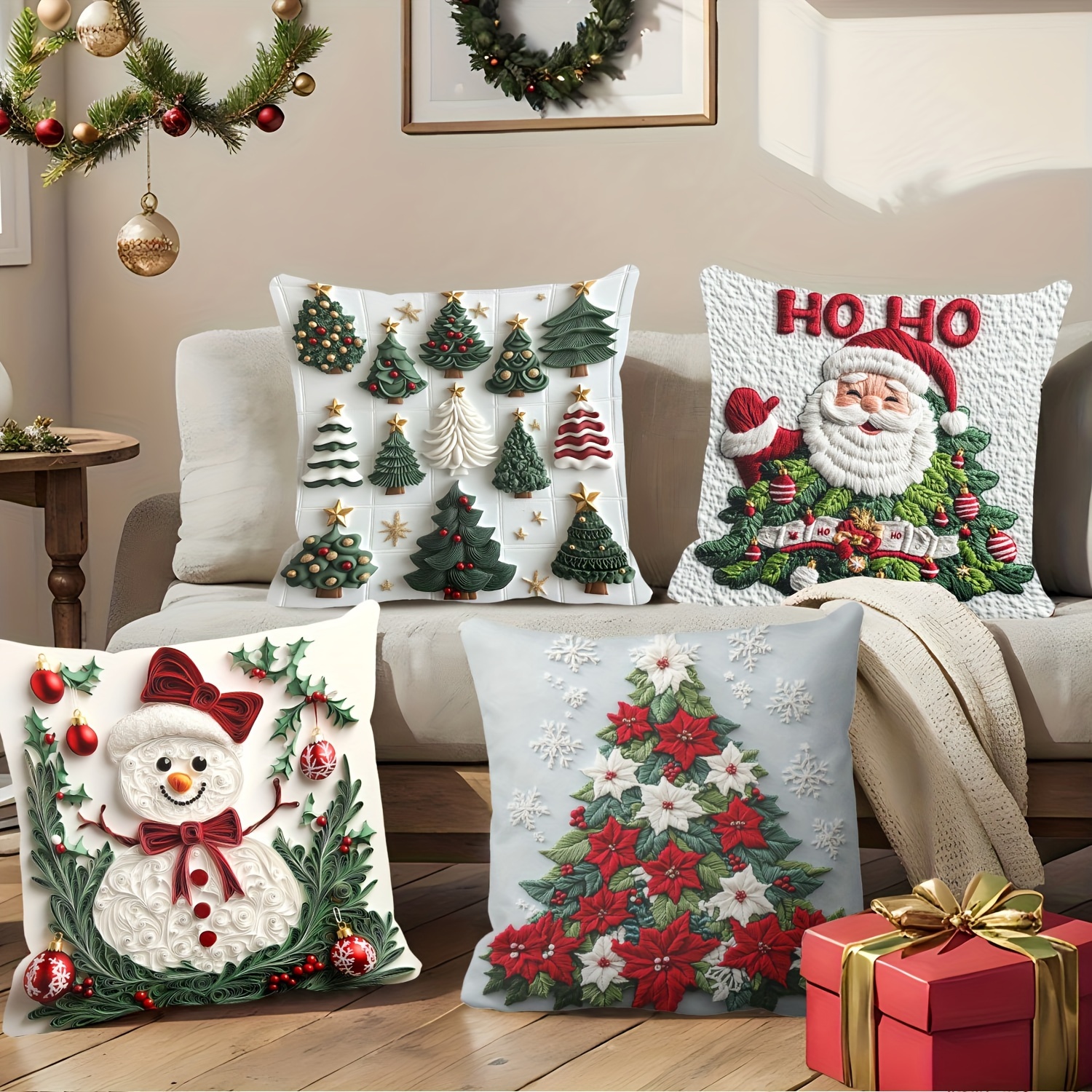 

4pcs Christmas Set, 18x18 , , , , Printed Pattern, Polyester , For Sofa, Bed, - Includes Snowman, , ( )