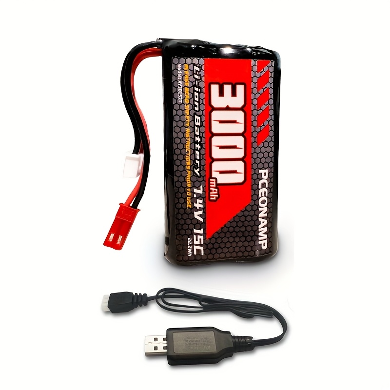Pceonamp 3000mah 2s Battery 7.4v Li- With Jst Plug Rc Battery With Usb Charger Cables Fit For Most Rc Car Truck Rc Excavator And Rc Boats