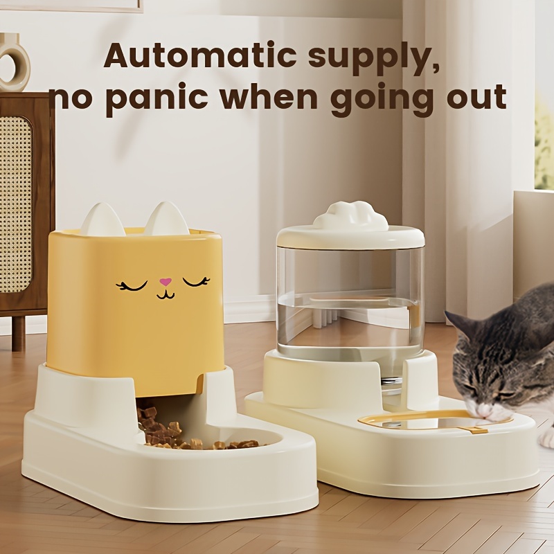 

2pcs Automatic Pet Feeder Cat Water Dispenser Set, Cartoon Design Self-feeding Station Cat Auto Food And Water Dispenser For Indoor Cats