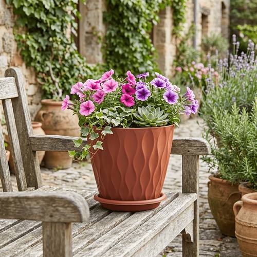 2pcs brick red plastic flower pots universal for indoor and outdoor planting with drainage holes and water tray striped design suitable for flowers and plants ideal for placement on courtyards bedrooms gardening gift home decor