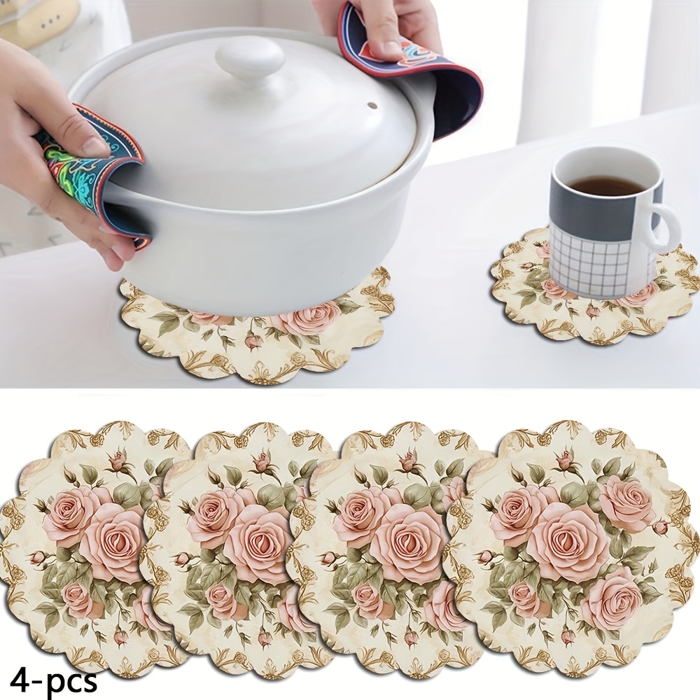 E-shop 4er-Set Retro Rosen Untersetzer, Hitzeisolierende und dekorative Holzuntersetzer (4 Stück) - Langlebig, hitzebeständig, rutschfest und leicht zu