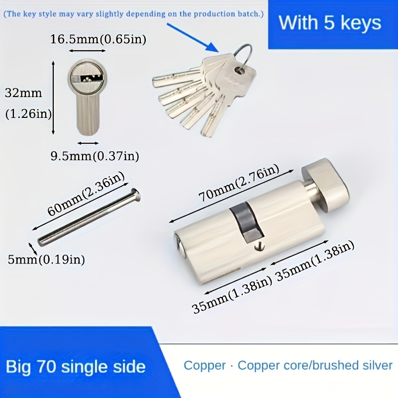 TEMU European Standard All- Lock Cylinder, Anti-theft Core For Entryway Doors, Indoor/outdoor Brass Door Locks With Knobs, 5 Master Keys In Sizes