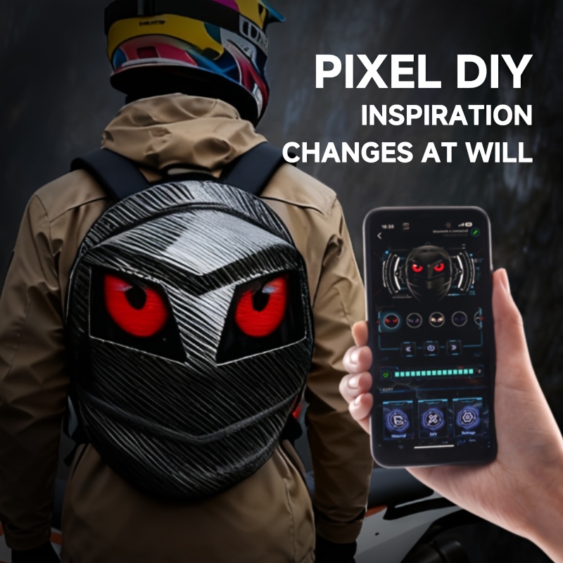 Sac à dos intelligent LOY Black Knight en fibre de carbone avec LED, double écran programmable Eye Display, contrôle sans fil, grand sac de cyclisme d'extérieur à grande capacité, compatible avec les casques intégraux pour adultes