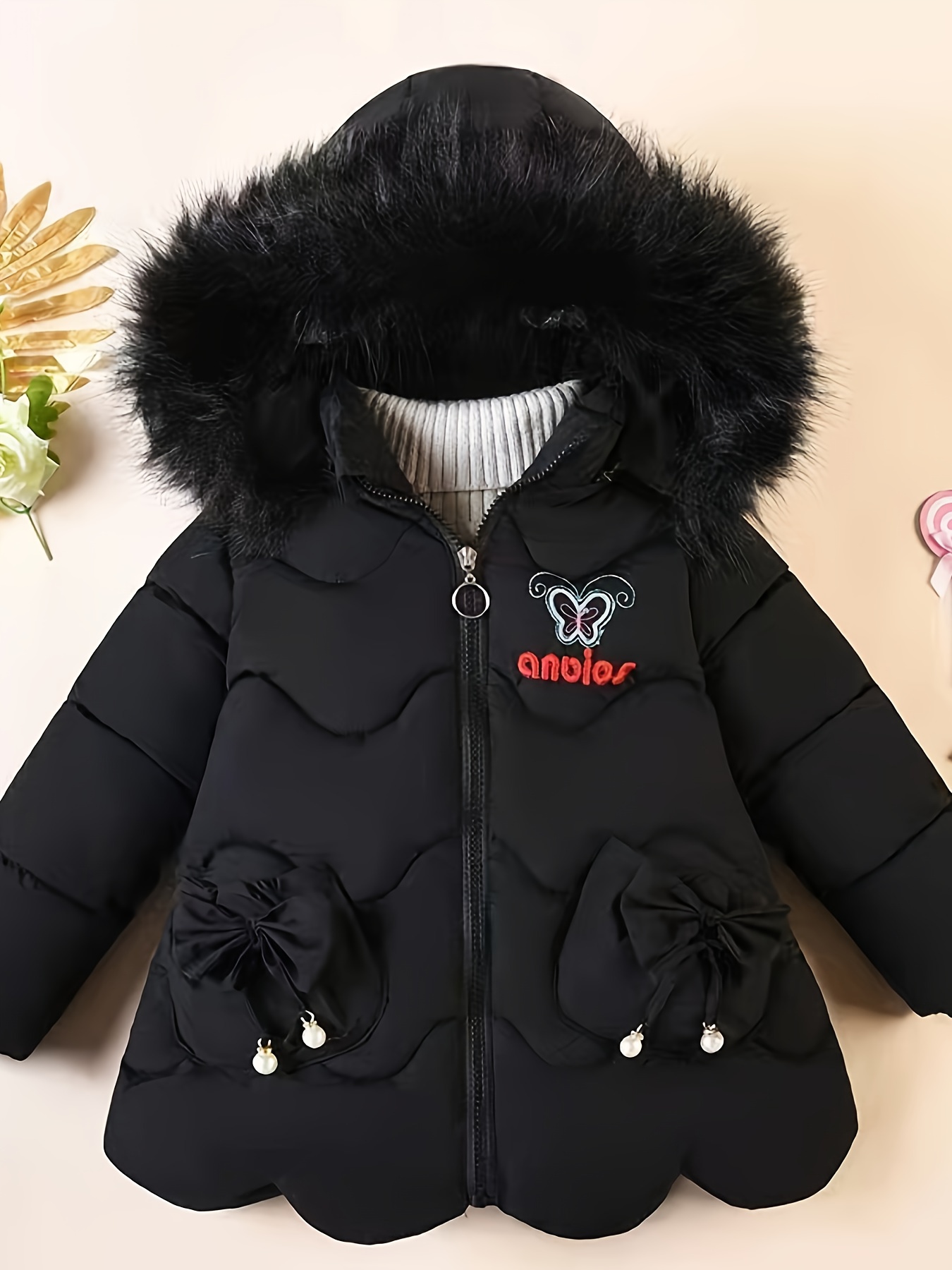 Meisjes Winter Gevoerde Jas met Versierde A-Lijn Snit & Dikke - Middellange Ritsjas, Opstaande Kraag