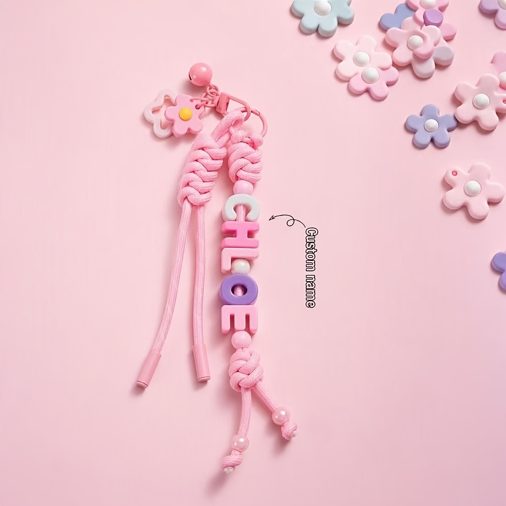 TEMU [2d Flat] [2d Flat] [custom] 1pc Handmade Flower Woven Rope, Multicolor Acrylic Letter Beads, Cute Flower Keychain, Minimalist Bag Charm, Custom