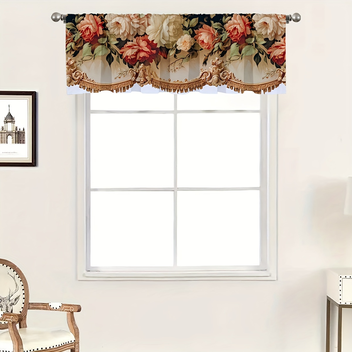 TEMU 2d Flat, 2d Flat Printing Victorian Romantic Rose Kitchen Valance, Vintage Floral Print Short Window Curtain, Fade Resistant Light Filtering For