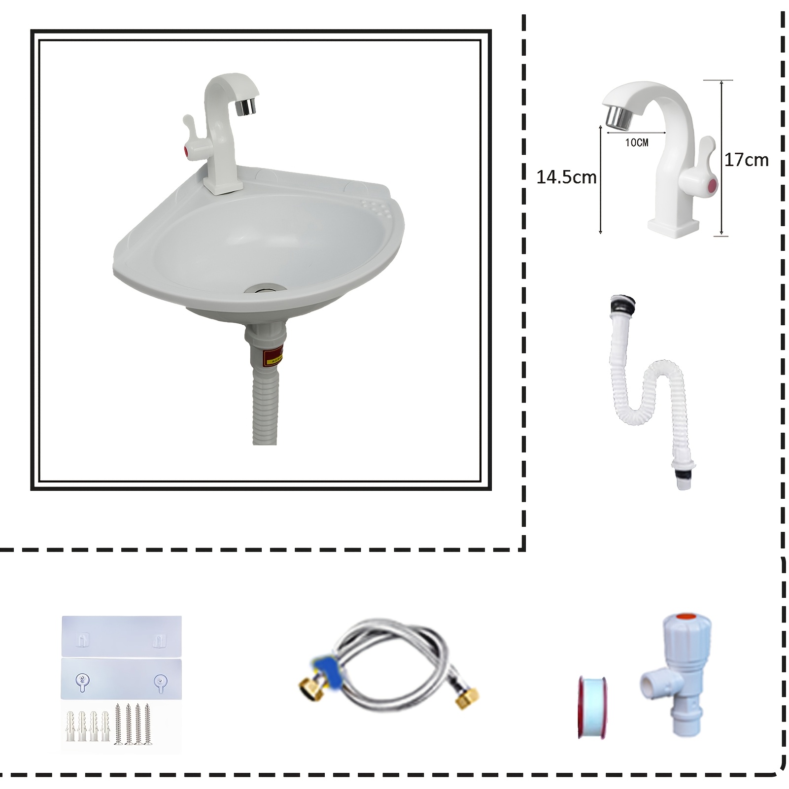 Image of Wall-mounted Plastic Sink, Triangular Bathroom Basin, Small Sink, Corner Sink, Suitable For Laundry Rooms, Gardens, And Camping, Including Drainage Accessories.