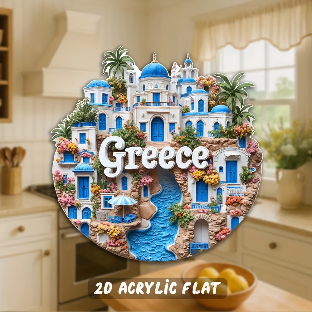TEMU 【ギリシャ建築マグネット】エーゲ海花柄デザイン - アクリル製キッチン装飾、冷蔵庫やリビングに最適 - 旅行好きや新築祝いに最適なギフト