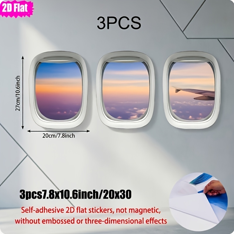 TEMU Ensemble d'autocollants muraux paysage de mer et à fenêtre d'avion, 3 pièces, 20X27Cm par feuille. Design réaliste de petite fenêtre de jet de ,