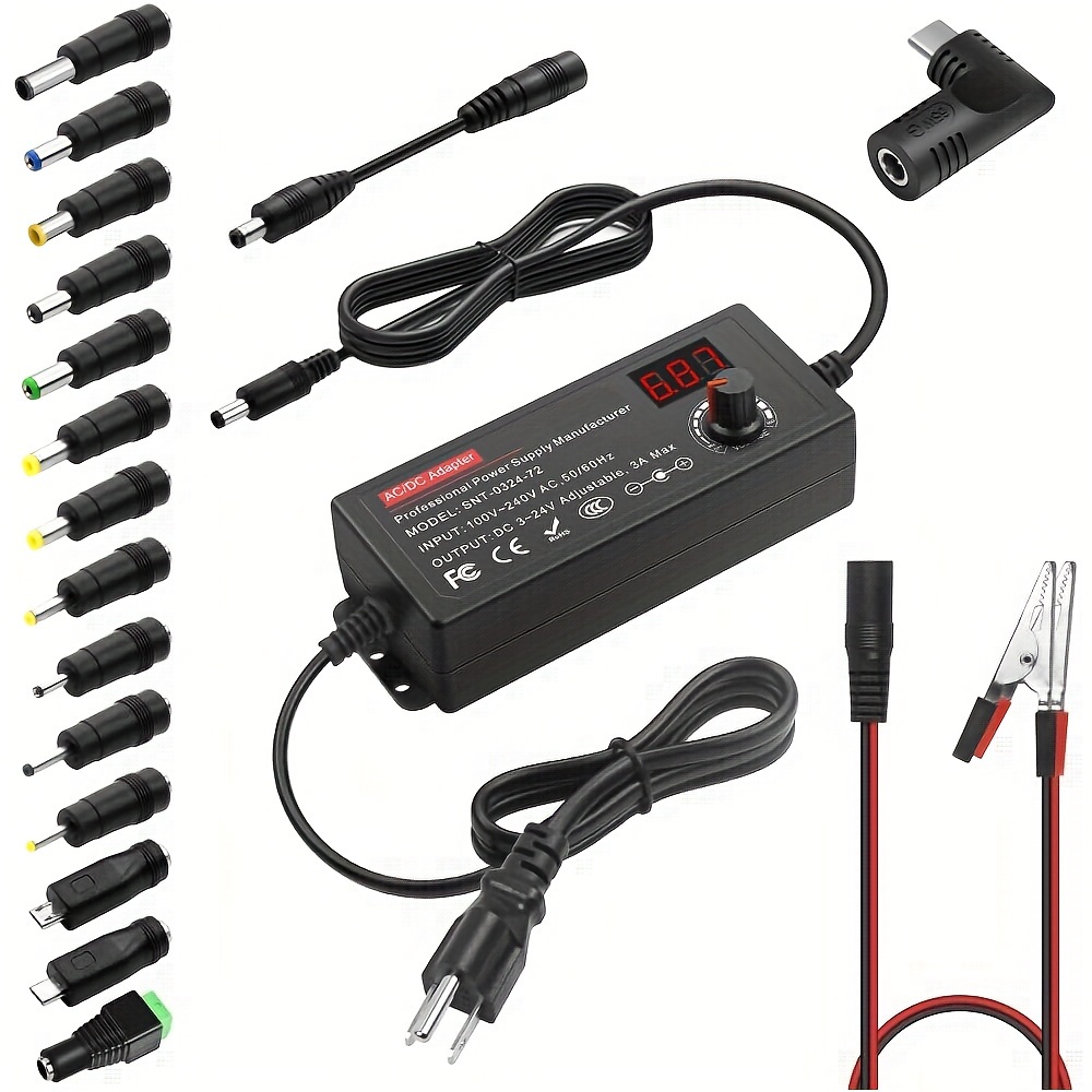 TEMU 72w Power Supply Adjustable 3v -24v 3a Adapter With Usb C Charger Pd 65w Upgraded 100v-240v Ac To Converter Variable Power Adapter, 14 Tips,