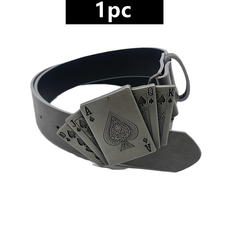 TEMU Men's Western Denim Genuine Leather Belt, With Lighter And Playing Card , Embossed , Ideal Gift For Boyfriend Or Husband
