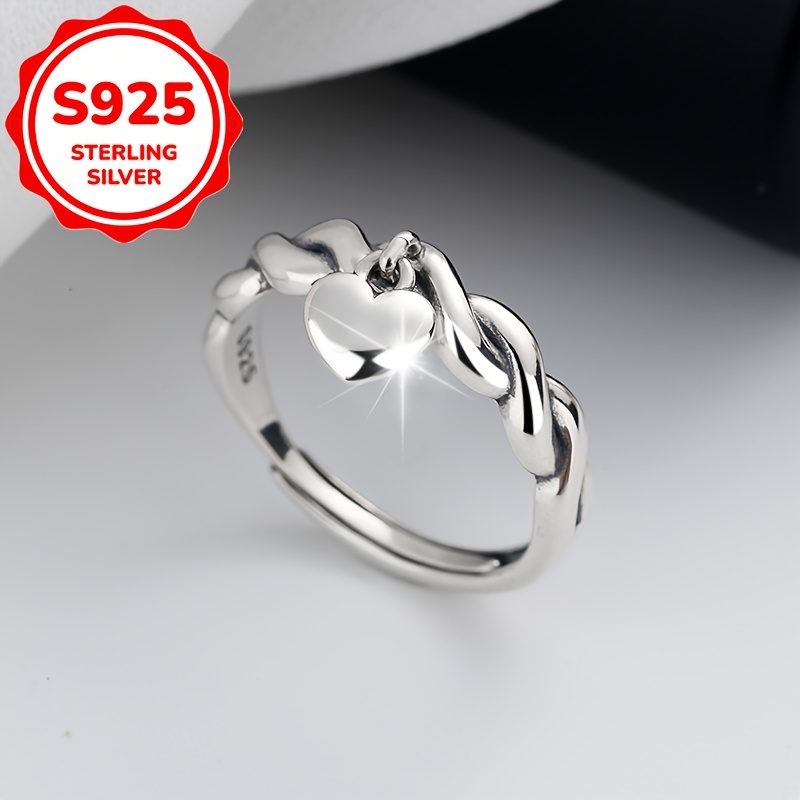 TEMU 1pc Women's Fashion Ring, S925 Sterling Silvery Vintage Twisted Cable Heart Adjustable Ring For Women, Gift For Best Friend, Party Gift, Women's