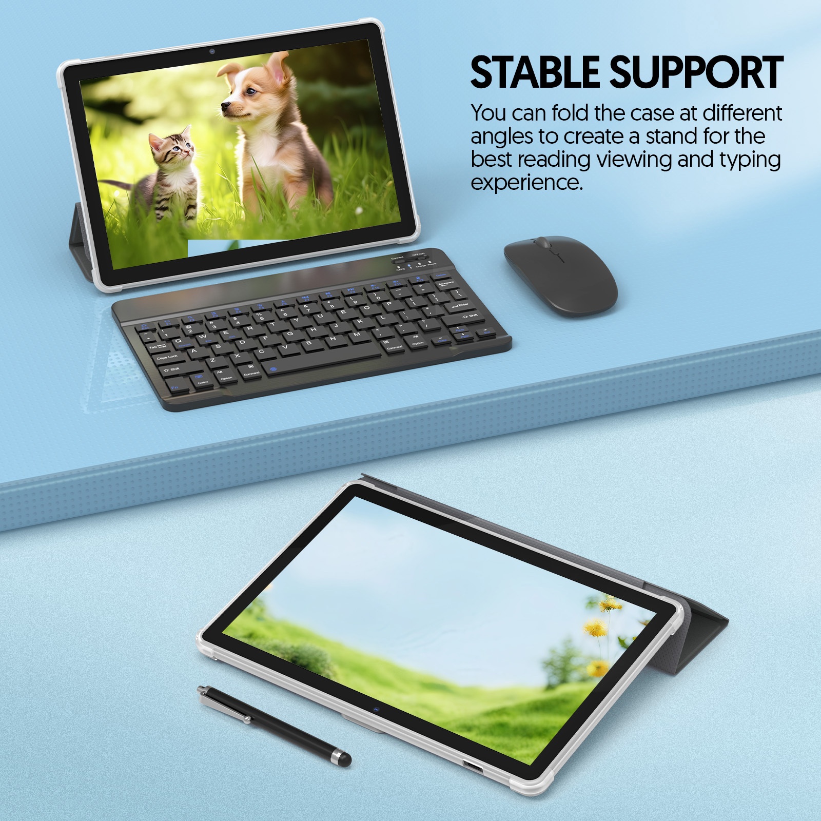 10-inch Android 15 tablet with keyboard, mouse, stylus and protective case, 12GB (3g+9g) RAM, 64GB storage, WiFi, 2MP+8MP camera, expandable to 1TB SD card, 6000mAh large-capacity battery